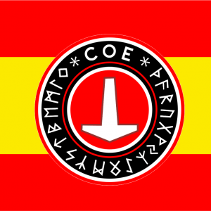 Bandera de España con escudo COE Comunidad Odinista España