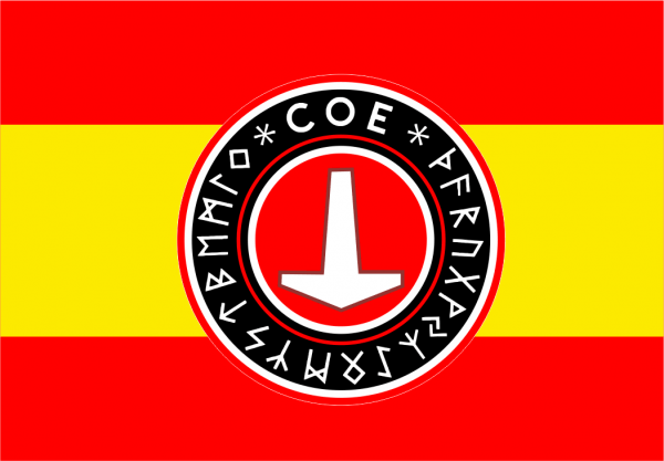 Bandera de España con escudo COE Comunidad Odinista España