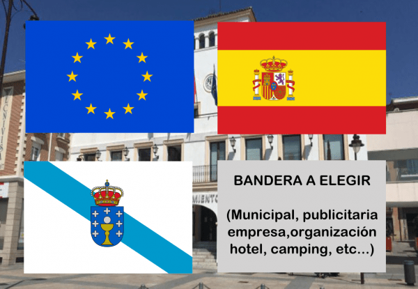 Banderas de Europa + España + Galicia + Bandera a elegir. (indica cual en notas adicionales, si es personalizada nos pondremos en contacto contigo)
