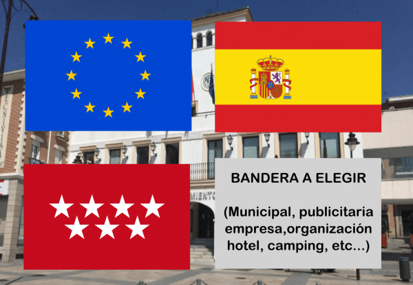 Banderas de Europa + España + Madrid + Bandera a elegir. (indica cual en notas adicionales, si es personalizada nos pondremos en contacto contigo)