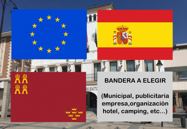 Banderas de Europa + España + Murcia + Bandera a elegir. (indica cual en notas adicionales, si es personalizada nos pondremos en contacto contigo)
